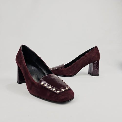 Décolleté Bordeaux Donna in Pelle Camoscio e Vernice con Borchiette